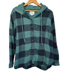 American Eagle Women’s Green Black Plaid Flannel Button Up Cotton Hoodie Size S